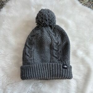 The‎ North Face Womens Grey Cable Knit Fleece Lined Pom Beanie Hat One Size